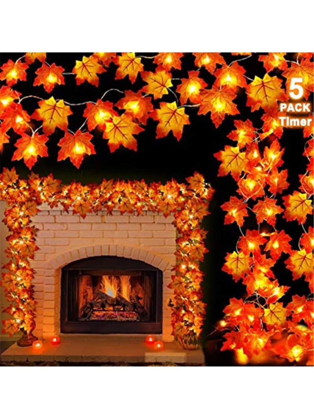 Timer 5 Pack Fall Decor Fall Garland with Lights Total 100LED 50FT